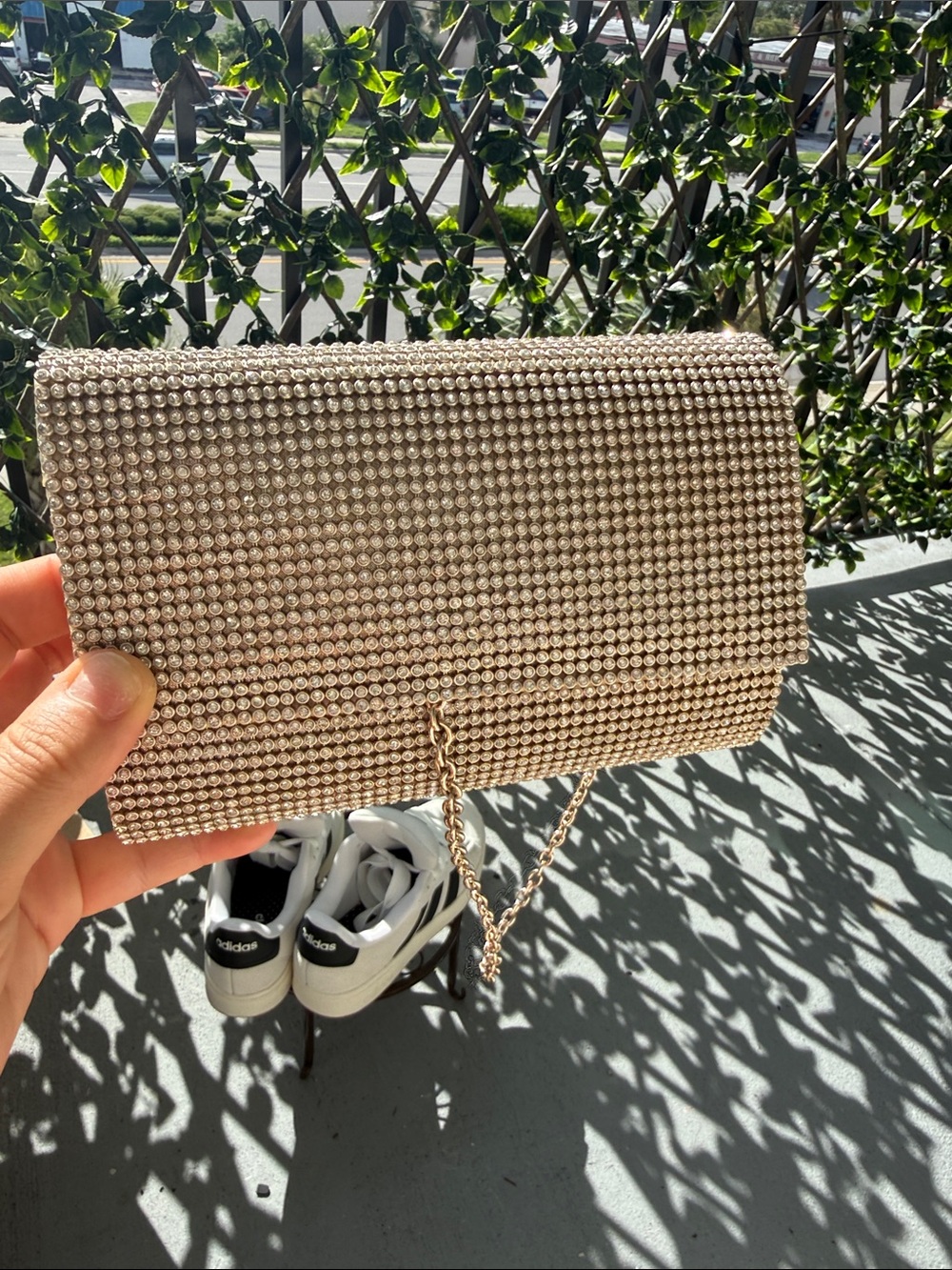 Gold Crystal-Embellished Evening Clutch with Chain Strap